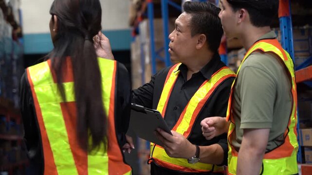 group of Asian warehouse workers talking and meeting. Management discussing inventory with clipboard in industrial logistics distribution center, teamwork, Manager teaching and training new employees