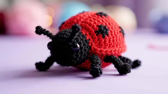 Crocheted ladybug with black spots positioned on a purple surface