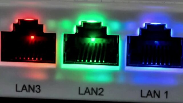 Video, close-up, LAN (Local Area Network) equipment with a blinking light, technology, telecommunications, 
