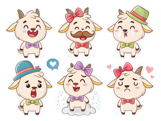 Obraz premium 6 kawaii goats, wearing colorful bows and hats, funny mustache, multiple crying with tears, some sad some laughing, sticker set, transparent background