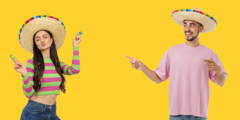 Fototapeta premium Couple celebrates Cinco de Mayo with vibrant hats