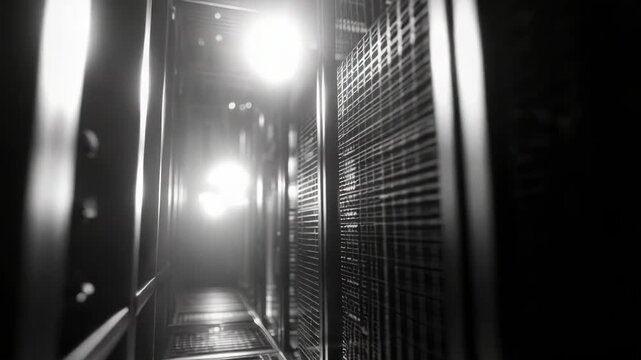 Server racks stretch down a dark data center corridor, glowing with indicators that emphasize high capacity infrastructure, powerful computing and secure, efficient networking