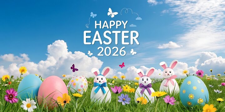 Happy easter 2026 with bunnies, eggs, flowers and butterflies, cute bunnies, decorated egg