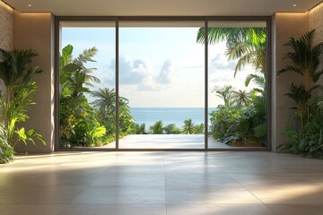 Fototapeta premium Beige empty room interior, featuring a panoramic window with tropical views, ideal for an open and airy living space, Generative AI