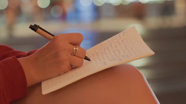 Woman writing notebook on lap, soft bokeh lights, candid closeups of hands and pen, red sweatshirt and rings, paper texture visible, reflective mood, slow pen strokes capturing thoughts