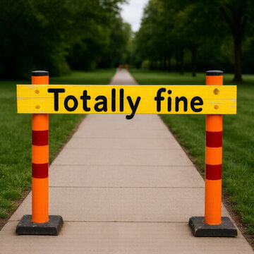 Barrier labeled totally fine across path symbolizing obstruction disguised as normalcy and hidden limitations within political governance systems