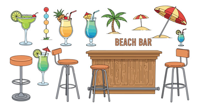Beach bar icons, summer cocktail set, vector illustrations, tropical drinks