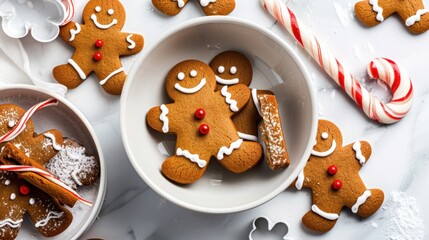 Fototapeta premium Festive Gingerbread Cookies with Decorative Icing and Candy Canes on Marble Background for Holiday Celebrations