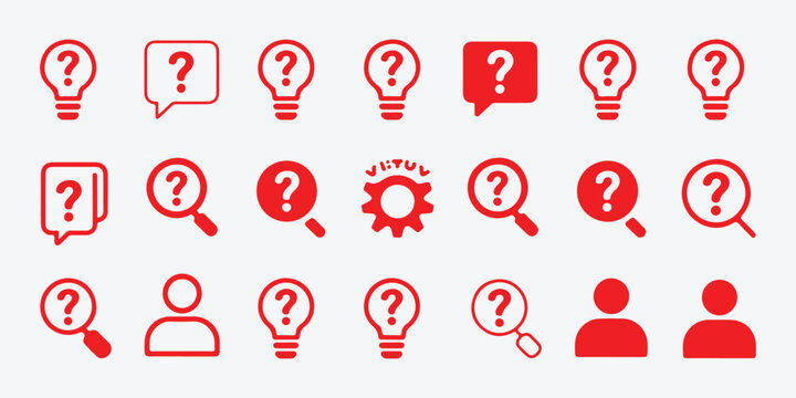 Red question mark vector icon set. support, idea, search, person, gear symbols in red colors.