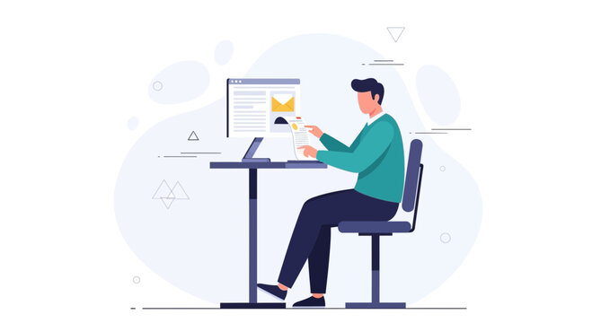 Man working on computer at desk, modern office, digital marketing, online business