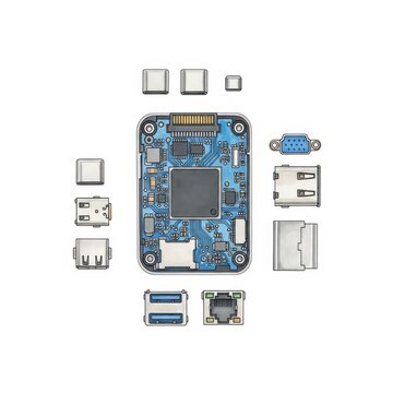 Exploded view of a small single-board computer with ports and components laid out on a white background