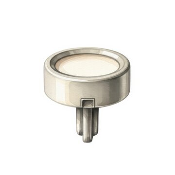 Watercolor illustration of a single, metallic rotary encoder knob with a central shaft