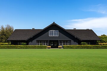 Obraz premium Grand dark building with classic architecture overlooks a pristine green lawn