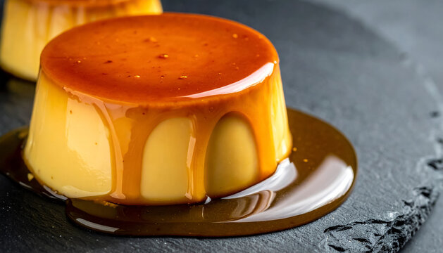 Macro flan caramel texture on volcanic stone
