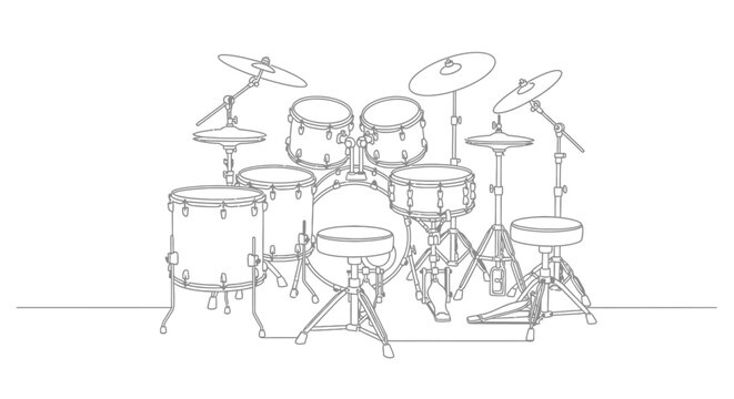 Drum Set Line Drawing, Musical Instrument for Rock and Jazz