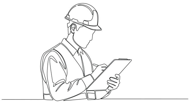 Engineer with Hard Hat and Clipboard, Construction Line Drawing