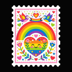 Obraz premium Vibrant rainbow pride postage stamp illustration featuring a cheerful heart, loving birds, and blossoming flowers, celebrating unity and happiness