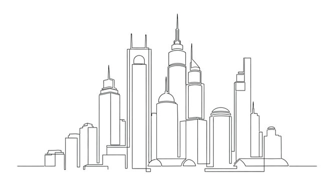 City Skyline Line Drawing, Urban Landscape and Architecture