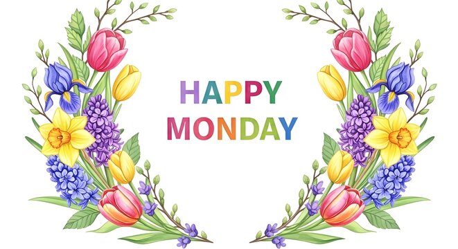 Easter monday wishes with colorful floral wreath and happy monday greeting