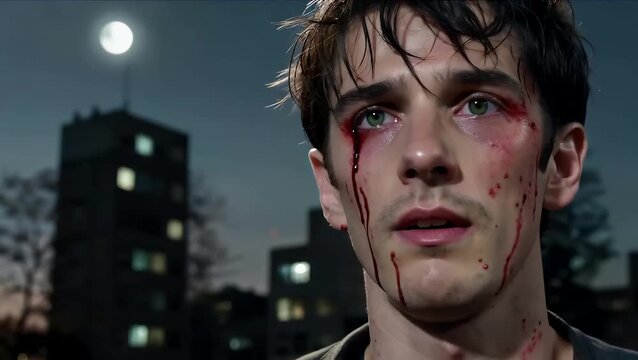 Injured Young Man with Bleeding Face in City Night