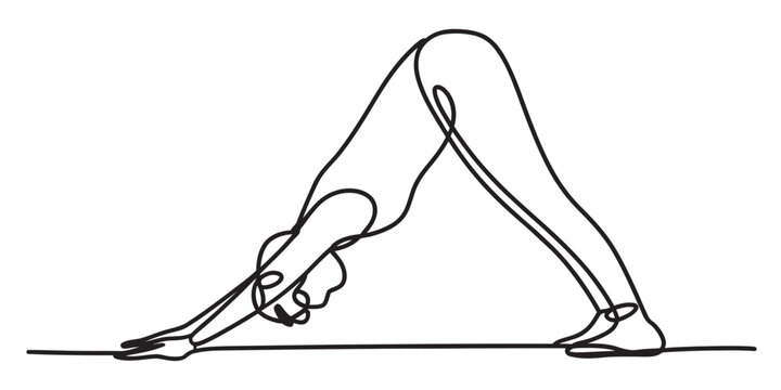 Minimalist continuous line drawing of a person practicing the downward facing dog yoga posture Vector, illustration