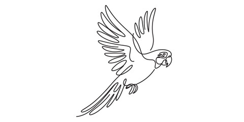 A minimalist single line drawing of a flying parrot creating an elegant and simple art style Vector, illustration © Kanu Art_Gallery