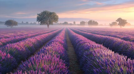 Obraz premium A stunning lavender field at sunrise, showcasing vibrant purple flowers stretching towards the horizon. Gentle mist surrounds the area, creating a serene and peaceful atmosphere.