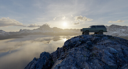 Off-Road SUV On Rocky Mountain Summit At Sunrise Over Misty Lake — Adventure 3D Rendering © edb3_16