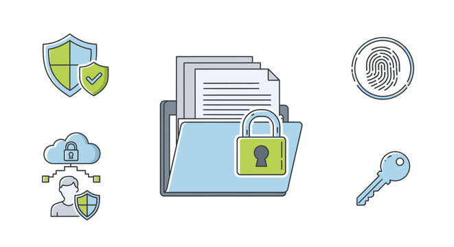 Collection of icons representing data security, privacy, and digital protection concepts