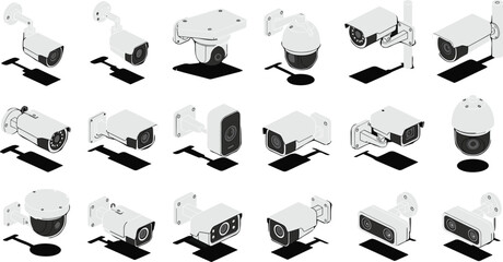 Set of isometric security camera icons featuring dome and bullet CCTV surveillance systems for home safety business monitoring and smart protection technology projects. © MDFiroj