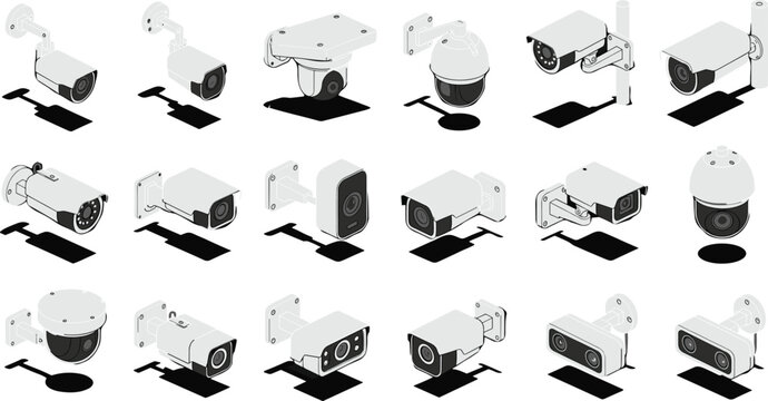 Set of isometric security camera icons featuring dome and bullet CCTV surveillance systems for home safety business monitoring and smart protection technology projects.
