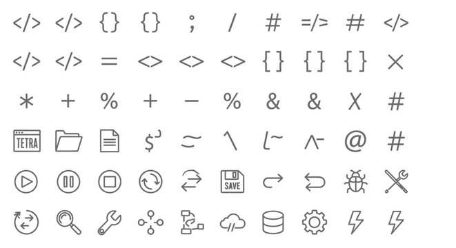 Set of icons representing programming, coding, and web development symbols