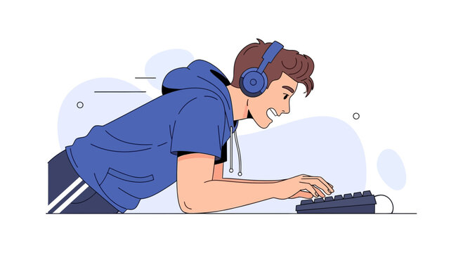 Young Gamer with Headphones Playing Video Games on Keyboard, Dynamic Illustration
