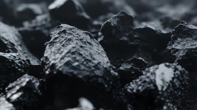 Close up view of a pile of raw black carbon material displaying a rough texture and shiny surfaces, ideal for concepts of energy, industry, and geology