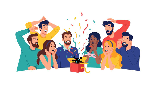 Colorful illustration of people celebrating April Fools' Day with a surprise party and harmless hoaxes in a joyful event, conveying a playful and humorous mood against a clean background.