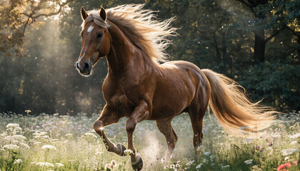 Obraz premium Majestic chestnut horse galloping through sunlit misty meadow at dawn