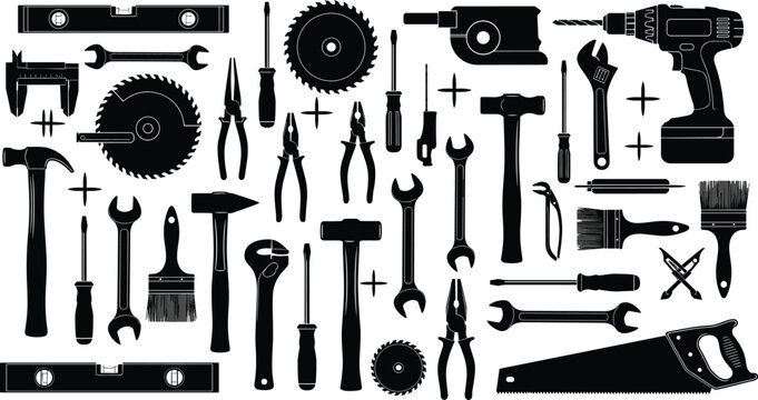 Large set of black work tool silhouettes including hammer screwdriver drill saw pliers and wrench isolated on white background for construction and renovation design.
