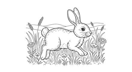 Fototapeta premium A rabbit runs quickly through tall grass and flowers in a sunny meadow landscape.
