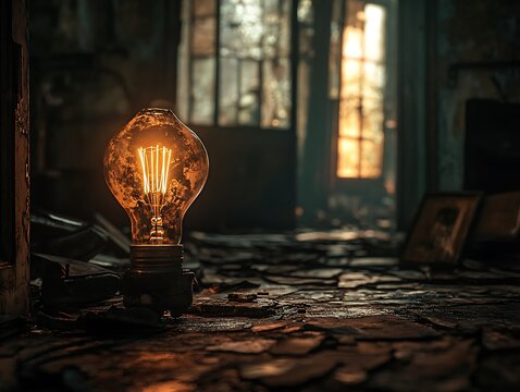 Illuminated vintage bulb in a dilapidated room evoking forgotten memories
