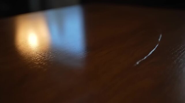 Blurry reflections on a wooden table.