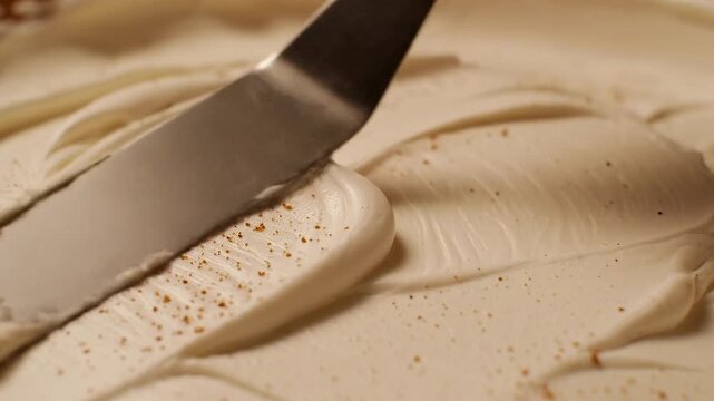 Spreading white cream frosting with a metal spatula on a cake surface