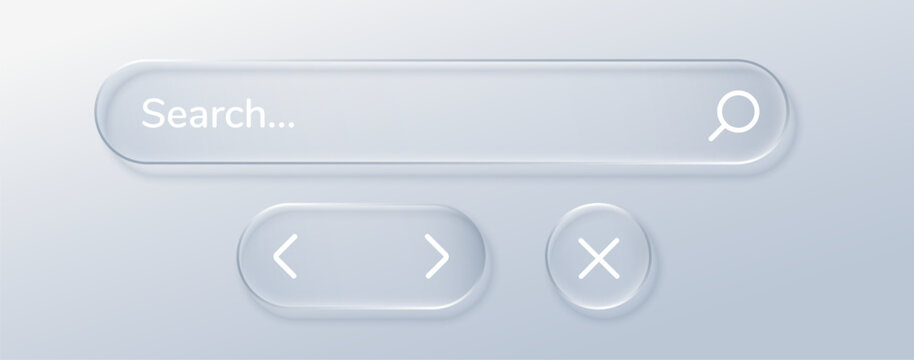 Glass liquid and search button bar with ui box rectangle. Blur arrow mobile and glass circle design with label. Card glass find and oval search shine with futuristic button cross.