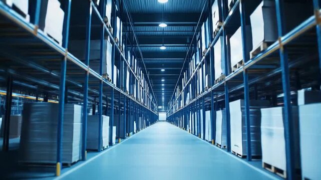 Large logistics warehouse with many racks and shelves holding packaged goods and merchandise, representing supply chain, business, and storage solutions