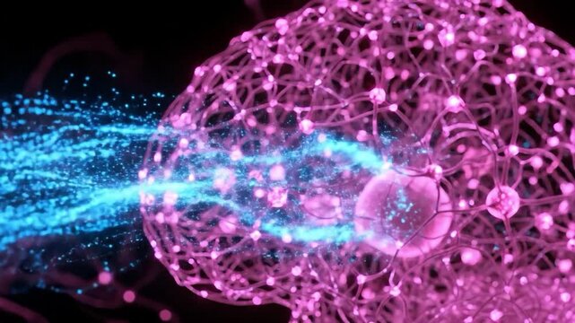 Abstract pink neural network brain with blue data streams for neuroplasticity and cognitive science