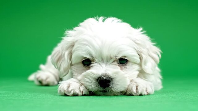 A fluffy white puppy with dark eyes lies on a vibrant green background, looking directly at the viewer.