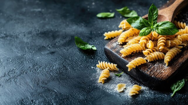 Rustic Wooden Board Displays Golden Fusilli Pasta With Fresh Basil And Mint Garnished With Salt And Pepper Dark Background Overhead View