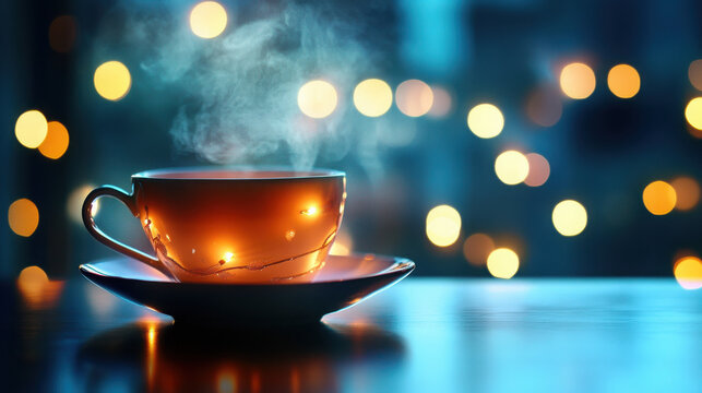 Tea cup with steam and soft bokeh lights, elegant setup. --ar 16:9 --v 6.1 Job ID: 54e543a9-eebc-4acb-a6b7-af9d9788ac5b
