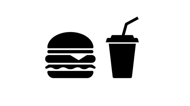 A black silhouette of a hamburger and a drink on a white background