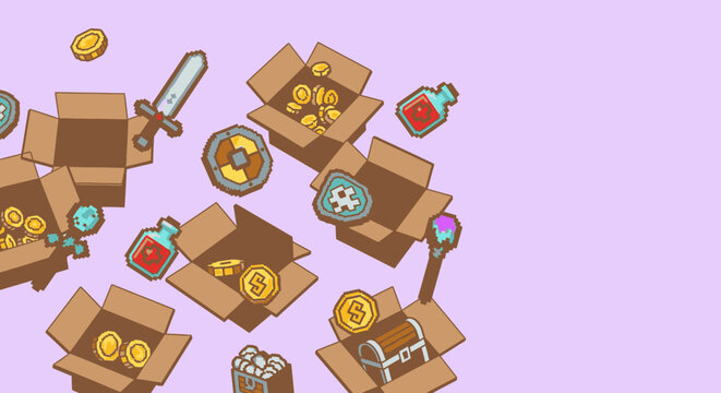 Pixel art fantasy game loot items spilling from cardboard boxes on a purple background, showcasing retro RPG treasures and rewards concept.