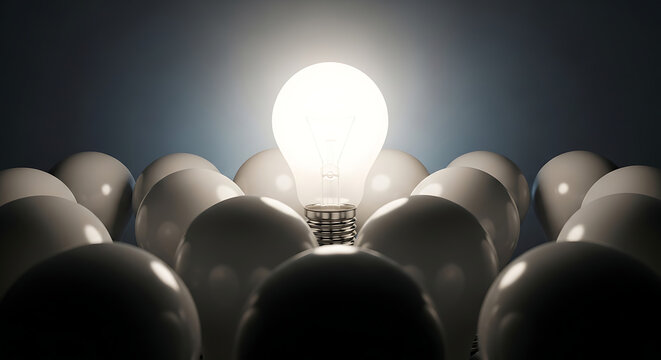 A single bright light bulb illuminating a dark group of unlit bulbs, symbolizing a unique idea or innovation.